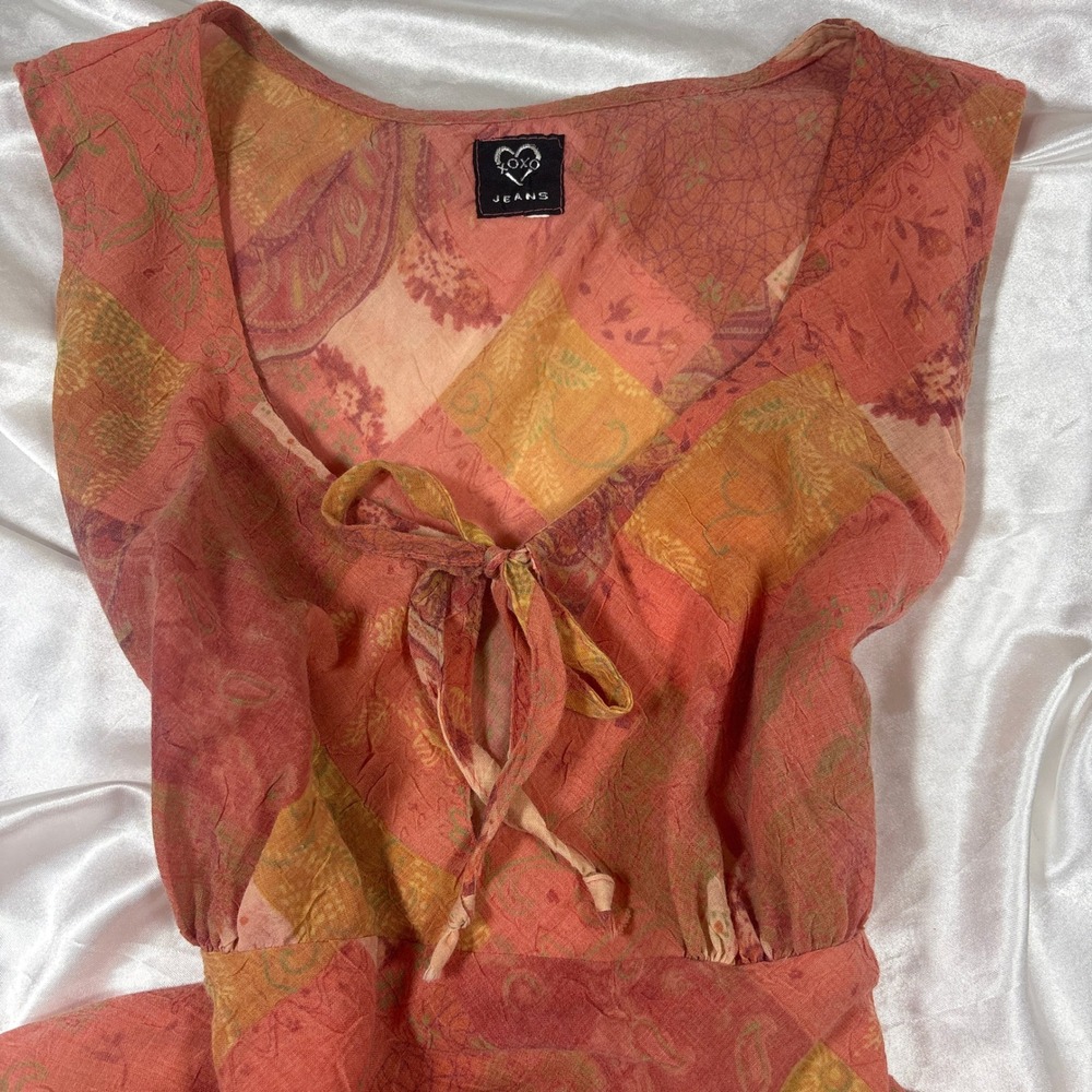 y2k Top Pink Excellent XOXO Jeans Patchwork Paisley Tie Front Babydoll Tank - Picture 5 of 6